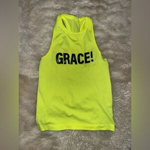 Lululemon Swiftly Neon Yellow waist length Tank Top with 'GRACE!' Print xs